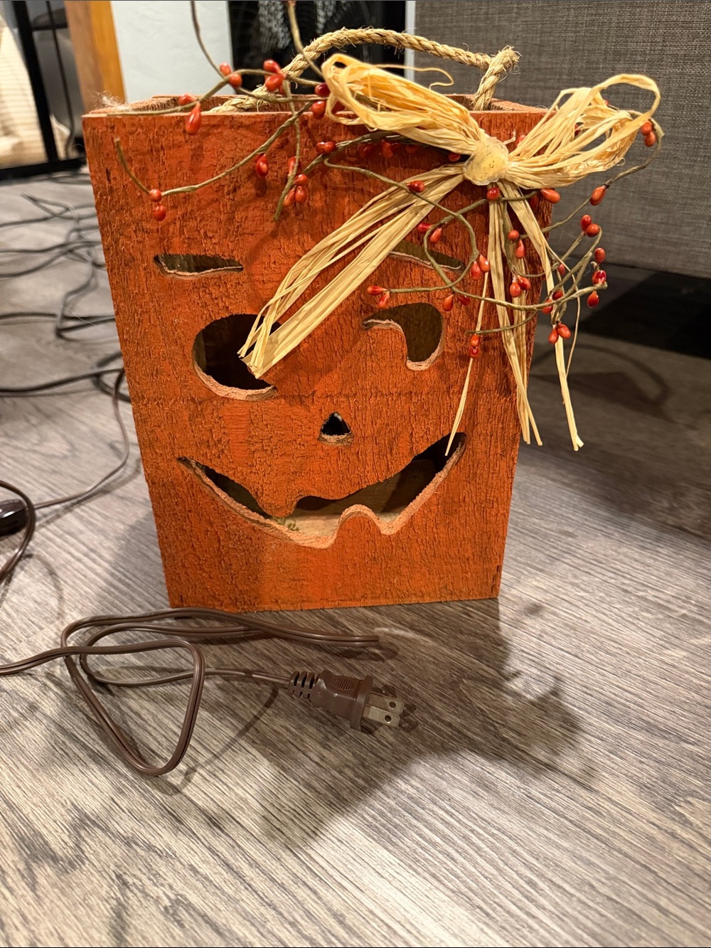 Orange Jack-o'-Lantern Wooden Luminary with Berry Accent